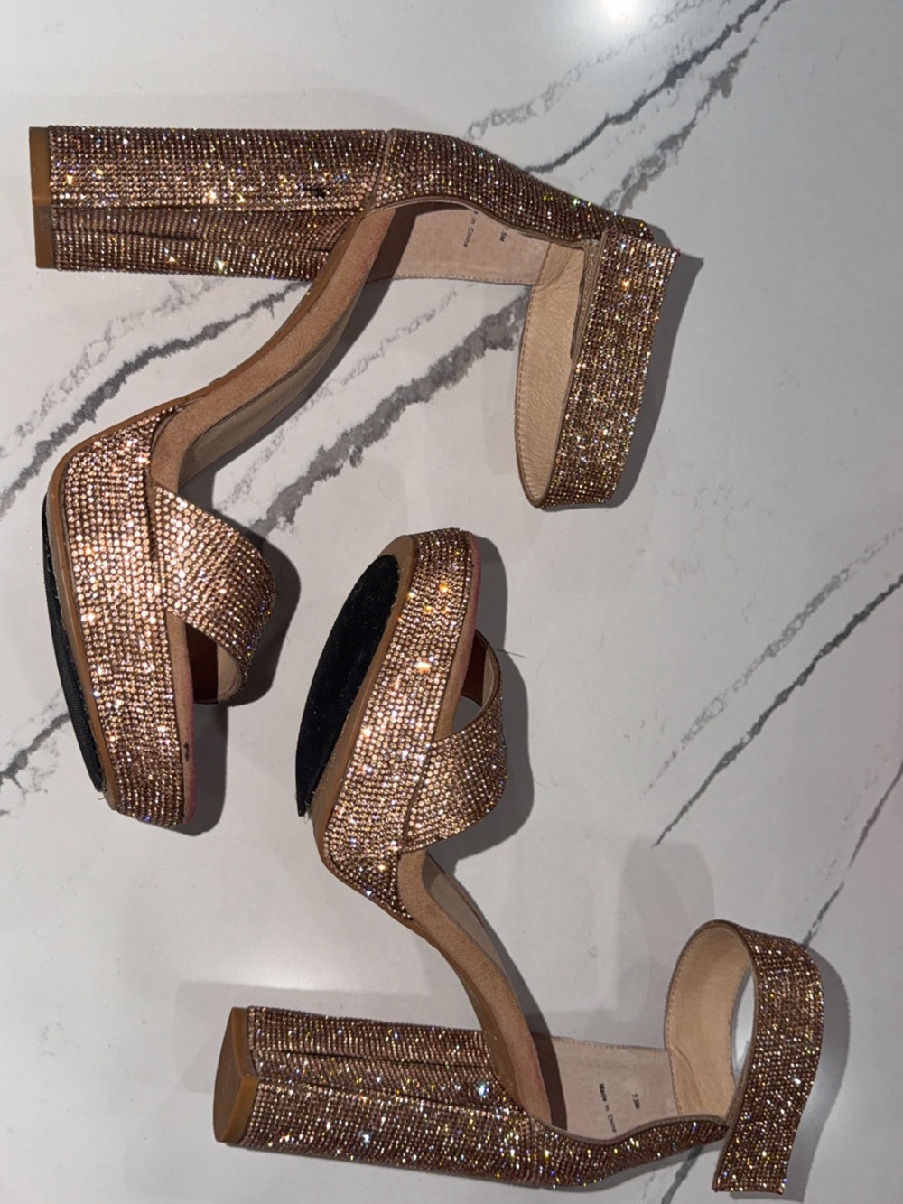 Glitter Block Heel Sandals in Rose Gold with Ankle Strap